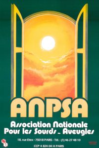 1ère afiiche de l'ANPSA. Le fond est vert foncé. Il y a la fenêtre ouverte sur le ciel ensoleillé. Le nom ANPSA et son développé apparaissent en bas de l'affiche ainsi que l'adresse du siège.