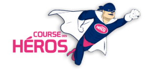 Logo de la course des Héos représenter par un super héos volant le poing tendu vers l'avant. Il porte une cape et un masque.