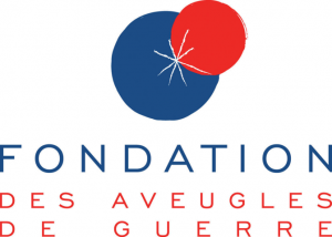 Logo de la Fédération des aveugles de guerre, noté en bleu et rouge avec un grand rond bleu et un plus petit rouge dessus en haut à gauche