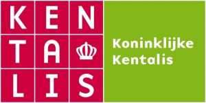 Logo de l'institut hollandais Kentalis. Le rectangle est séparé en deux parties: une rouge et une verte. Du coté rouge il y a le nom écrit dans des blocs et une couronne. Du coté vert, il y a le nom écrit de façon classique