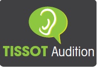 Logo de Tissot audition inscrit dans un carré gris avec une bulle de bande dessinée au dessus de couleur verte avec une oreille blanche dedans.